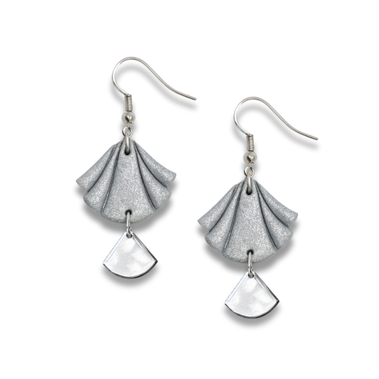 Silver Handmade Polymer Clay Fan Earrings with Polished Silver Metal Accent