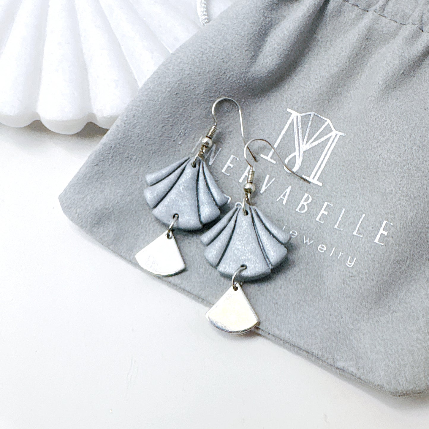 White Handmade Polymer Clay Fan Earrings with Polished Silver Metal Accent