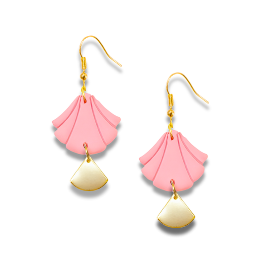 Pearl Pink Handmade Polymer Clay Fan Earrings with Polished Gold Metal Accent
