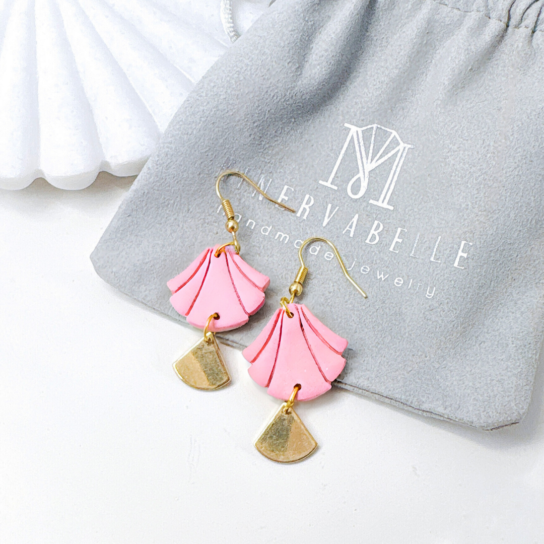 White Handmade Polymer Clay Fan Earrings with Polished Silver Metal Accent