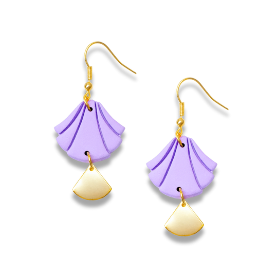 Purple Handmade Polymer Clay Fan Earrings with Polished Gold Metal Accent