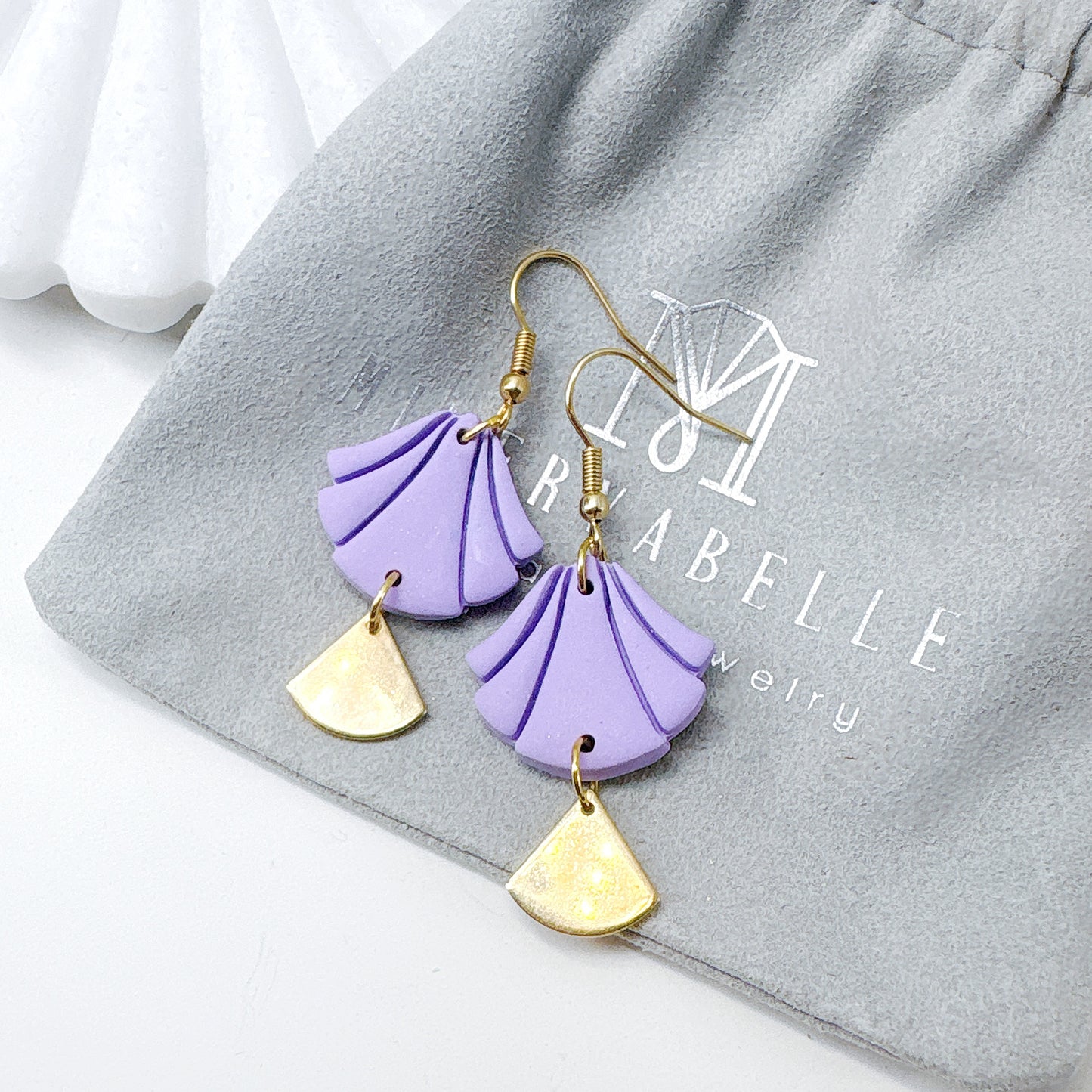 White Handmade Polymer Clay Fan Earrings with Polished Silver Metal Accent