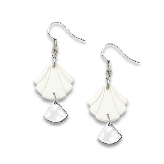 White Handmade Polymer Clay Fan Earrings with Polished Silver Metal Accent