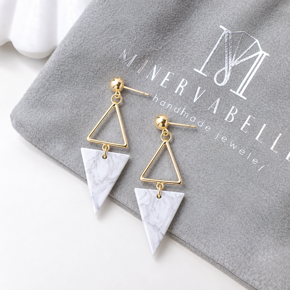 White Marble Geometric Triangle Dangle Earrings
