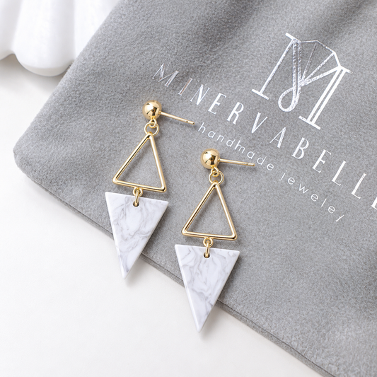 White Marble Geometric Triangle Dangle Earrings