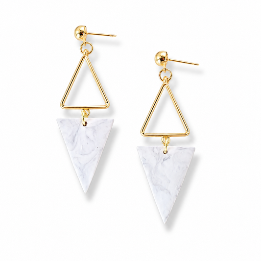 White Marble Geometric Triangle Dangle Earrings