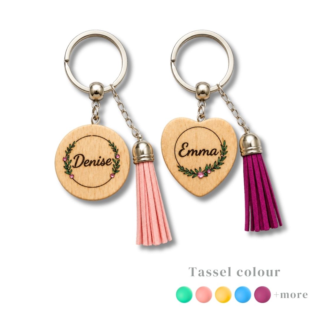 Personalized Floral Wreath Wooden Keychain with Tassel
