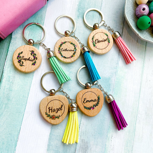 Personalised Floral Wreath Wooden Keychain with Tassel