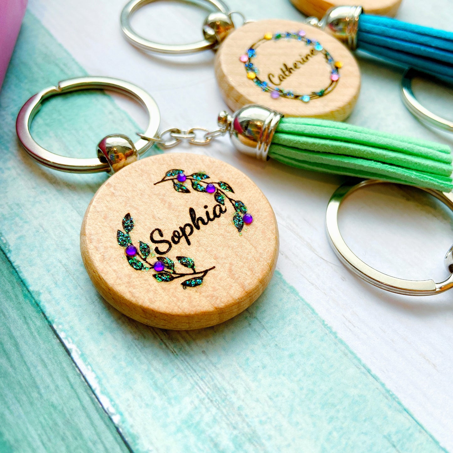 Personalised Floral Wreath Wooden Keychain with Tassel