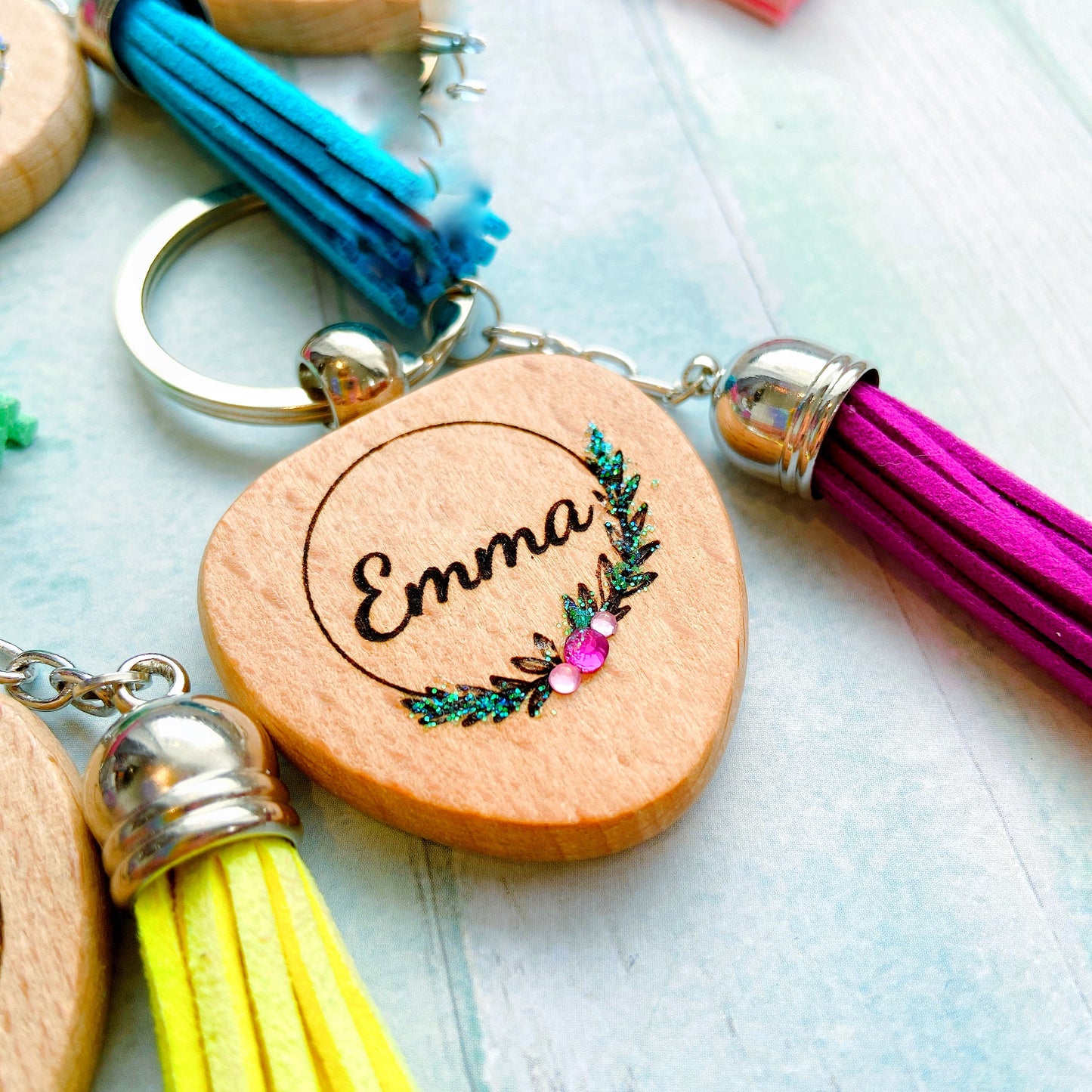 Personalised Floral Wreath Wooden Keychain with Tassel
