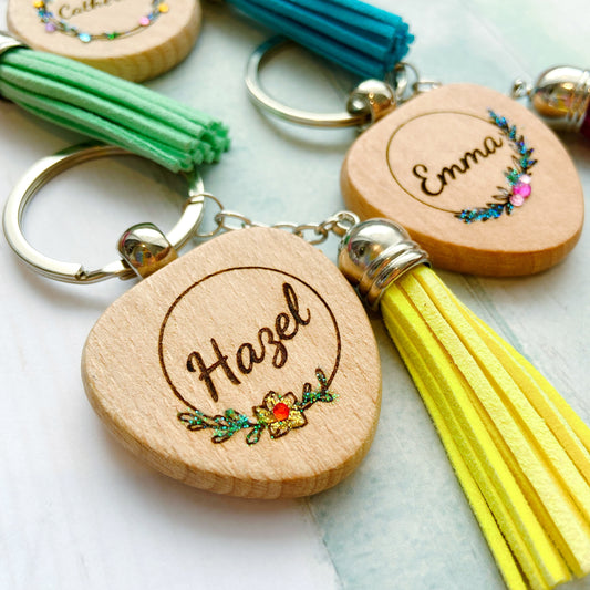 Personalised Floral Wreath Wooden Keychain with Tassel