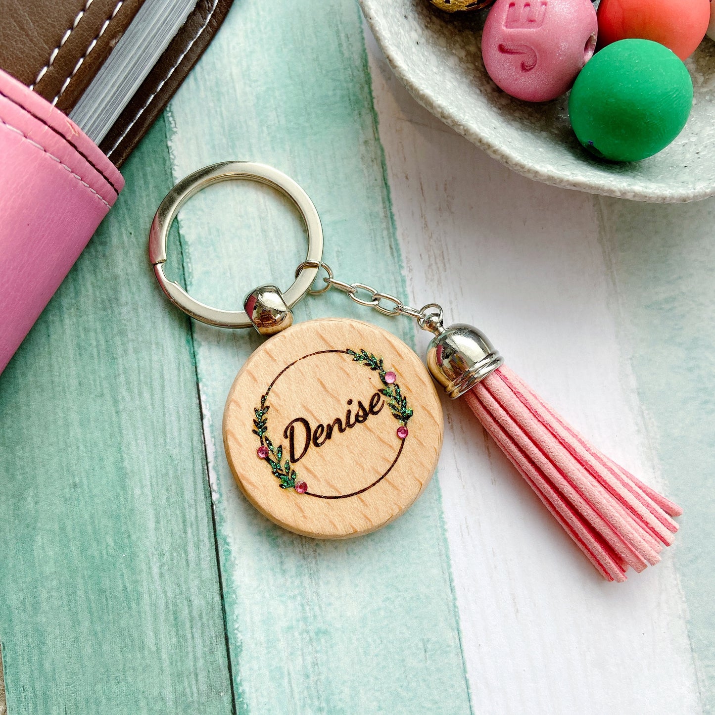 Personalised Floral Wreath Wooden Keychain with Tassel