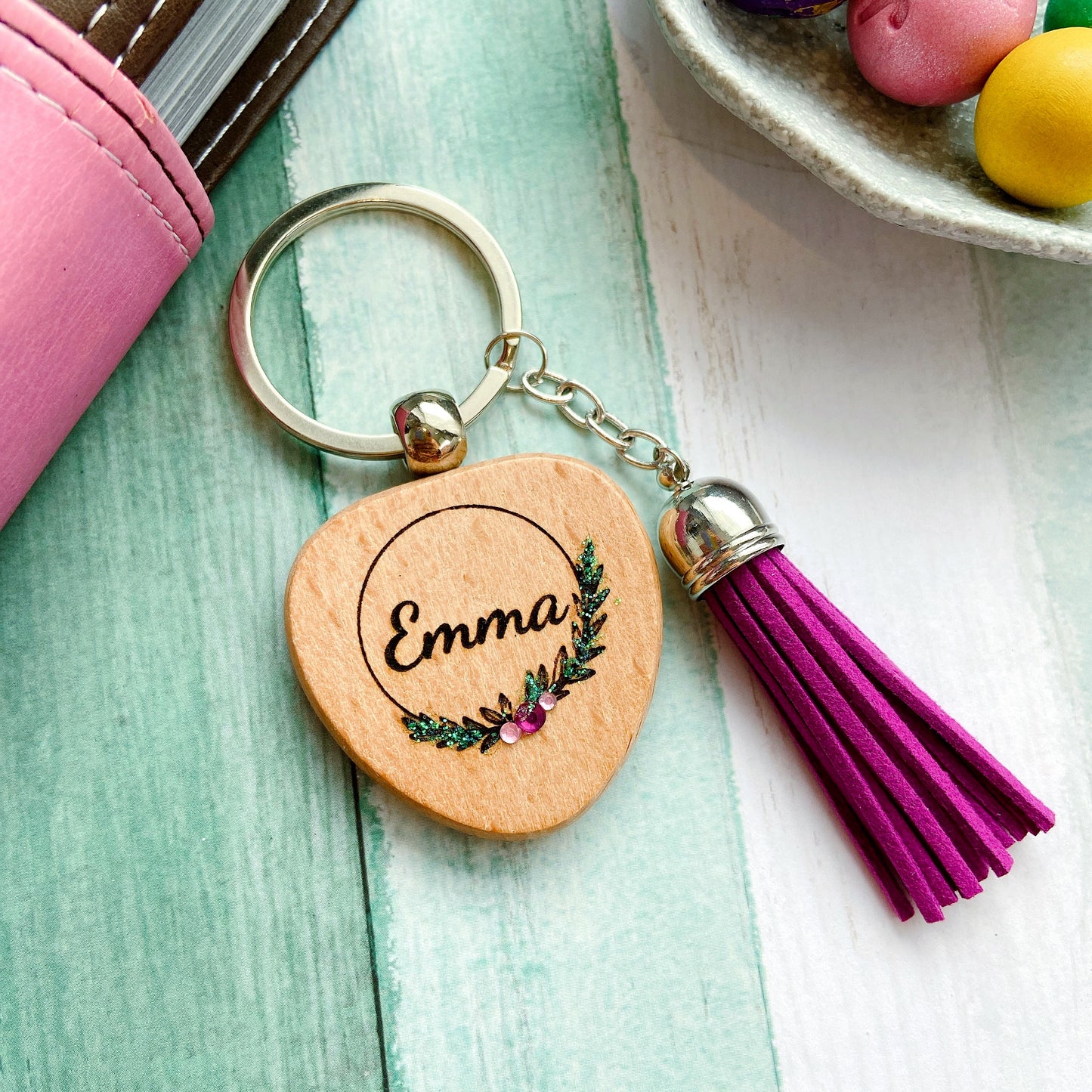 Personalised Floral Wreath Wooden Keychain with Tassel