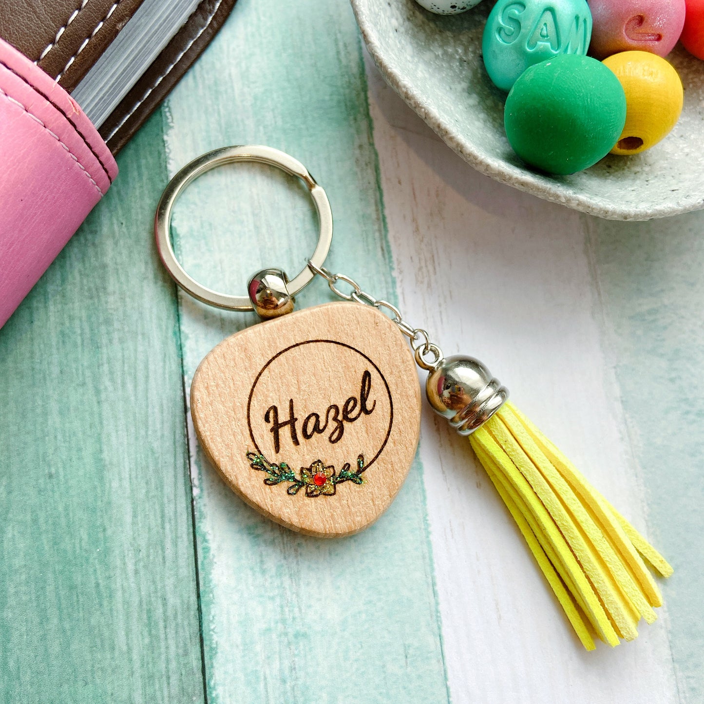 Personalised Floral Wreath Wooden Keychain with Tassel