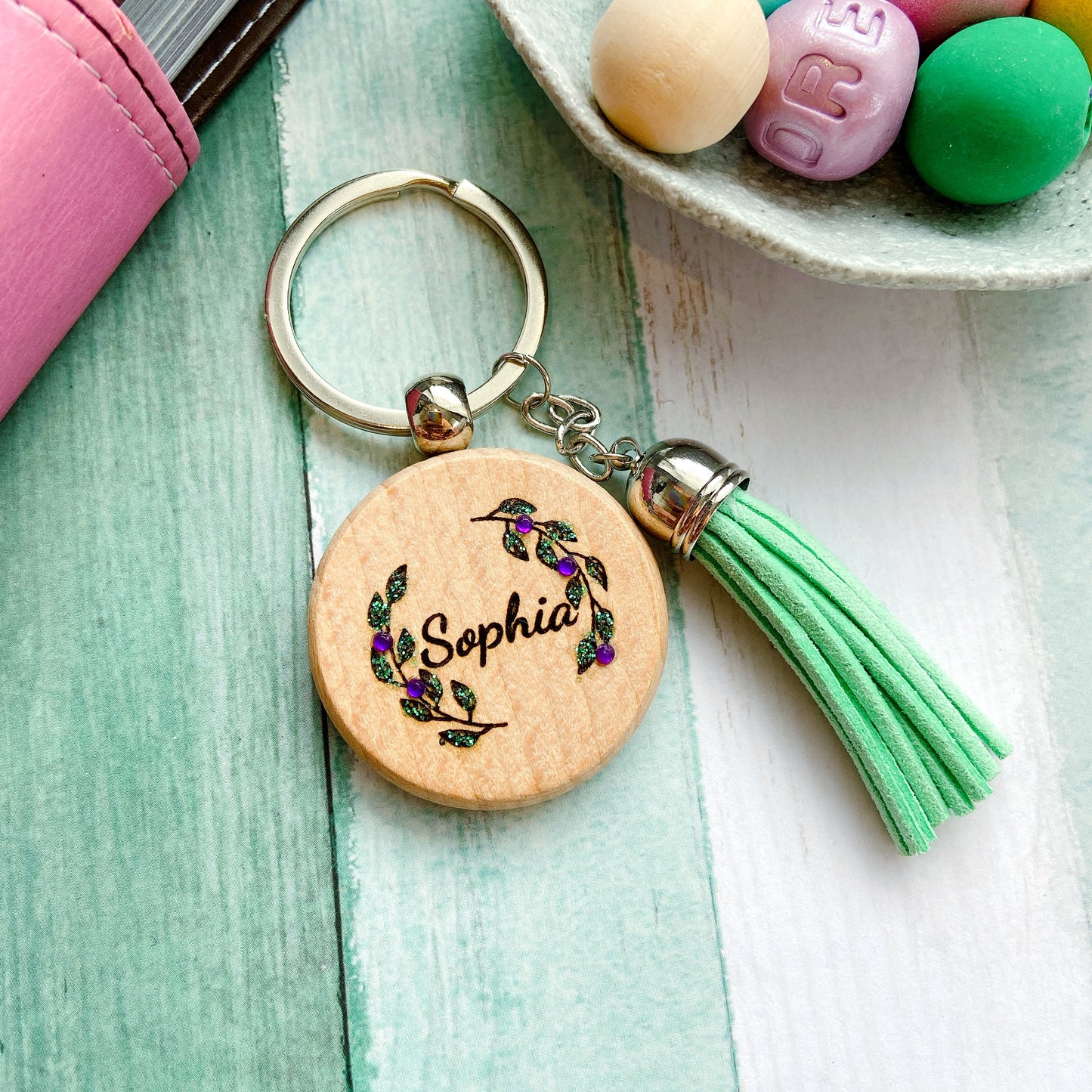 Personalised Floral Wreath Wooden Keychain with Tassel