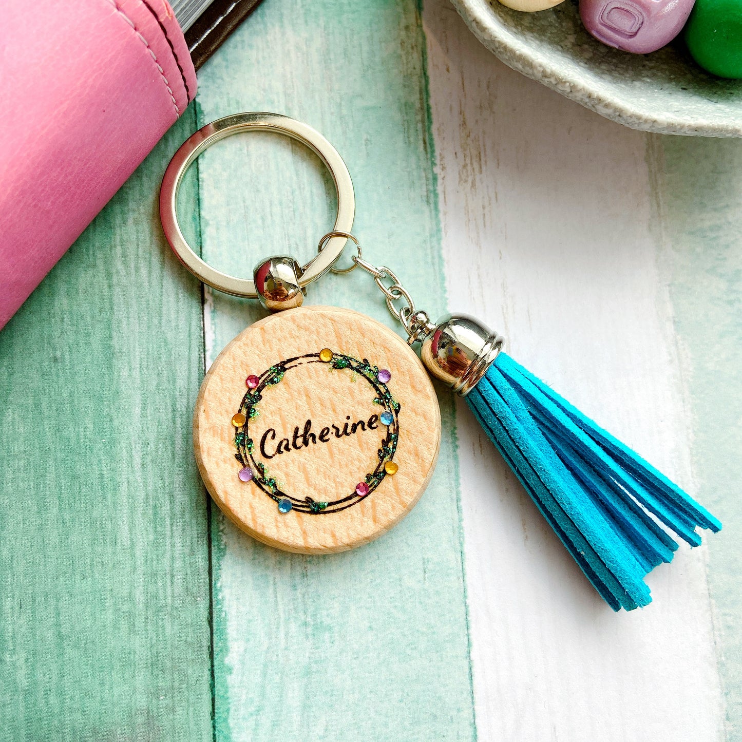 Personalised Floral Wreath Wooden Keychain with Tassel