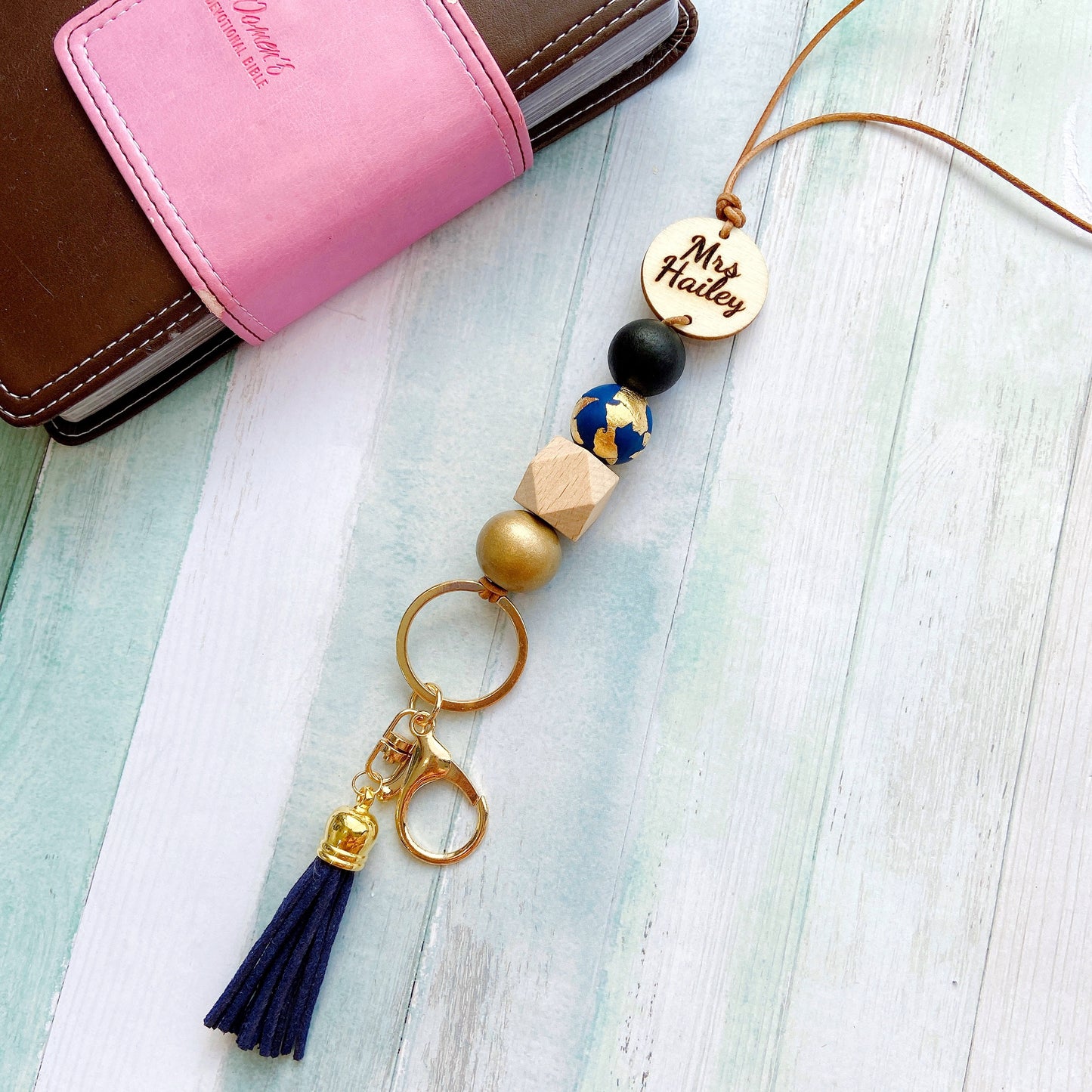 Personalised Polymer Clay and Wood Bead Lanyard with Tassel