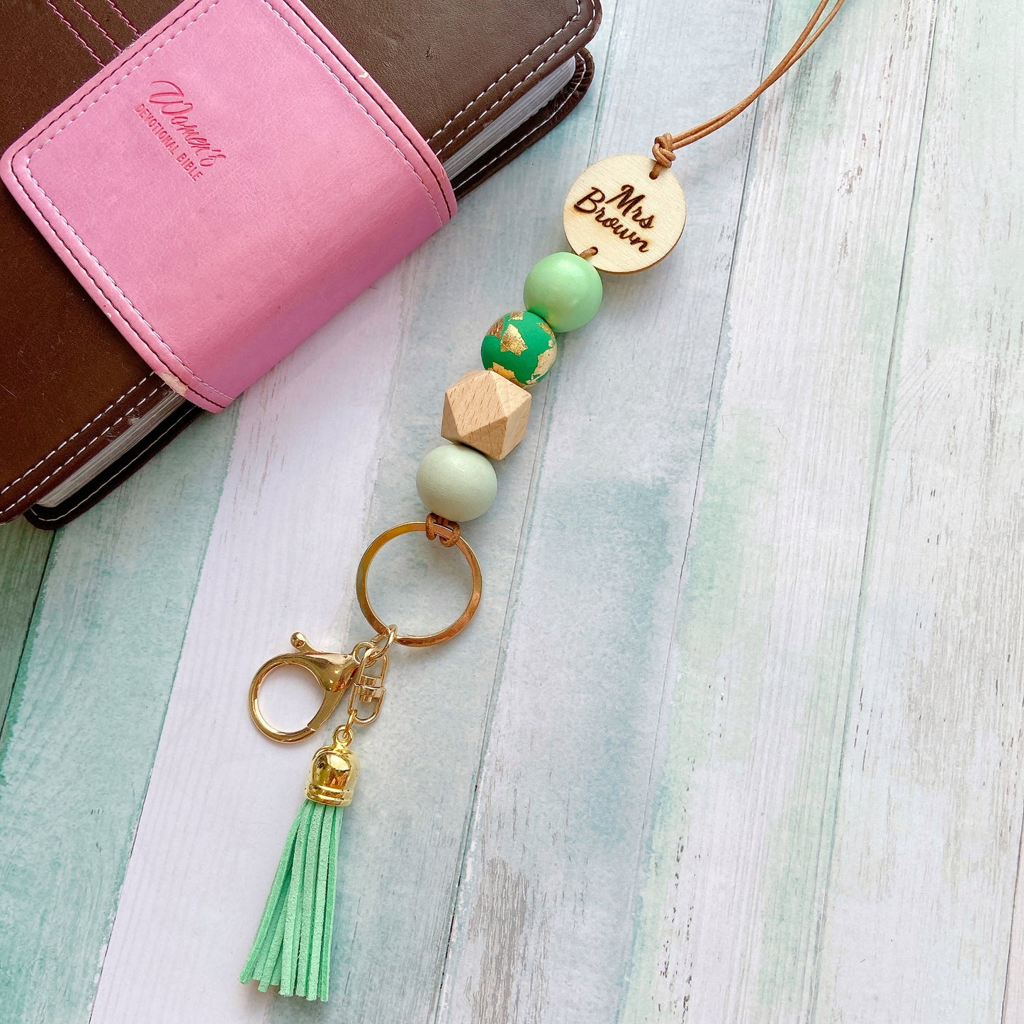 Personalised Polymer Clay and Wood Bead Lanyard with Tassel