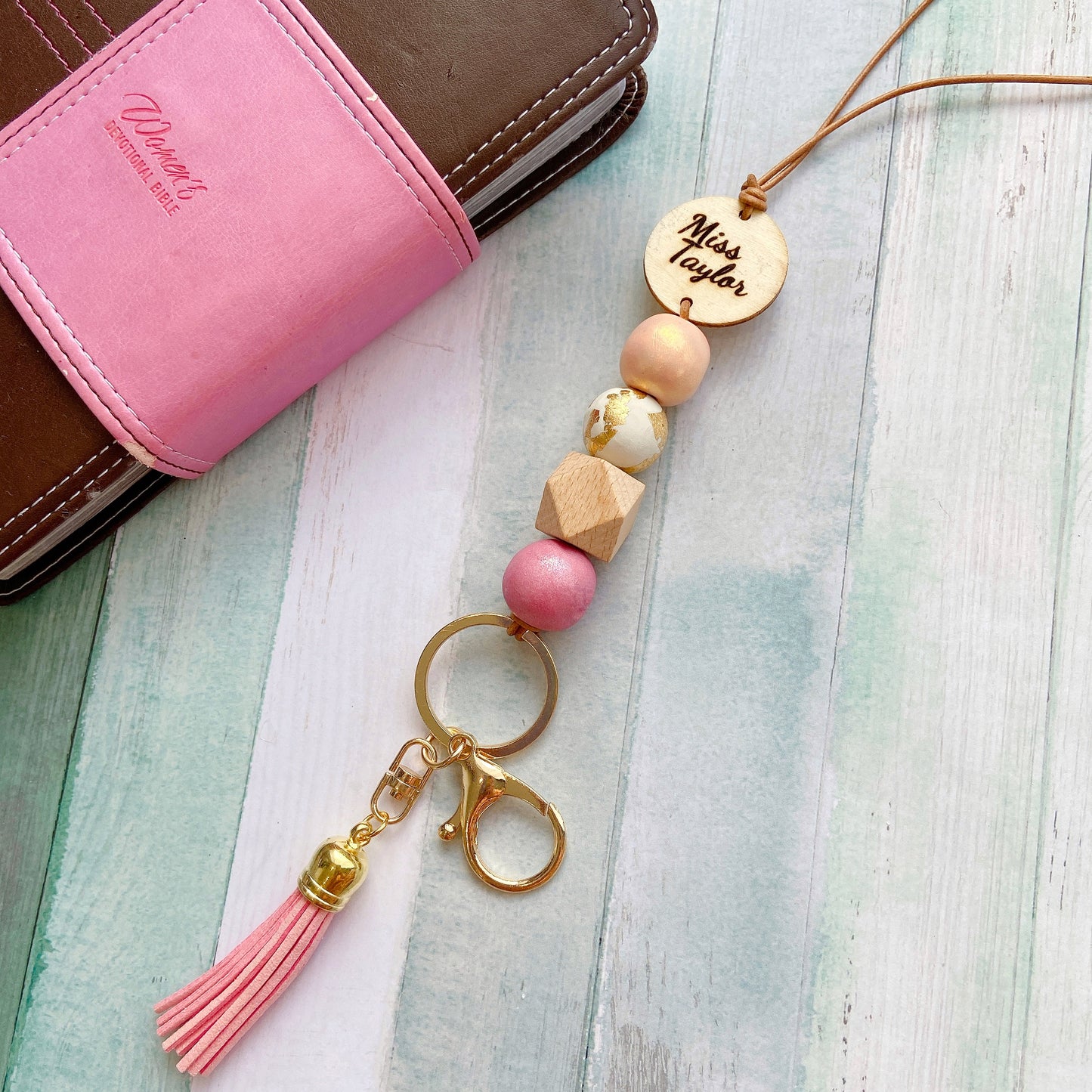 Personalised Polymer Clay and Wood Bead Lanyard with Tassel