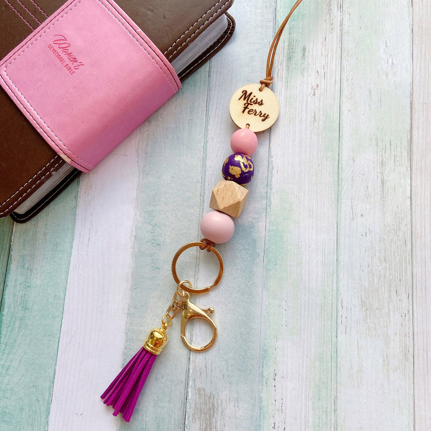 Personalised Polymer Clay and Wood Bead Lanyard with Tassel