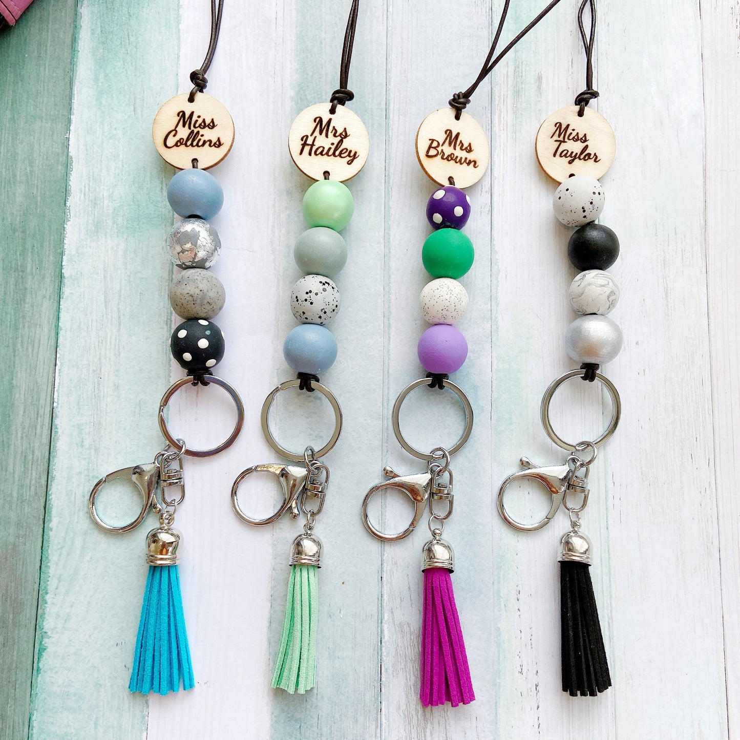 Personalised Polymer Clay and Wood Bead Lanyard with Tassel