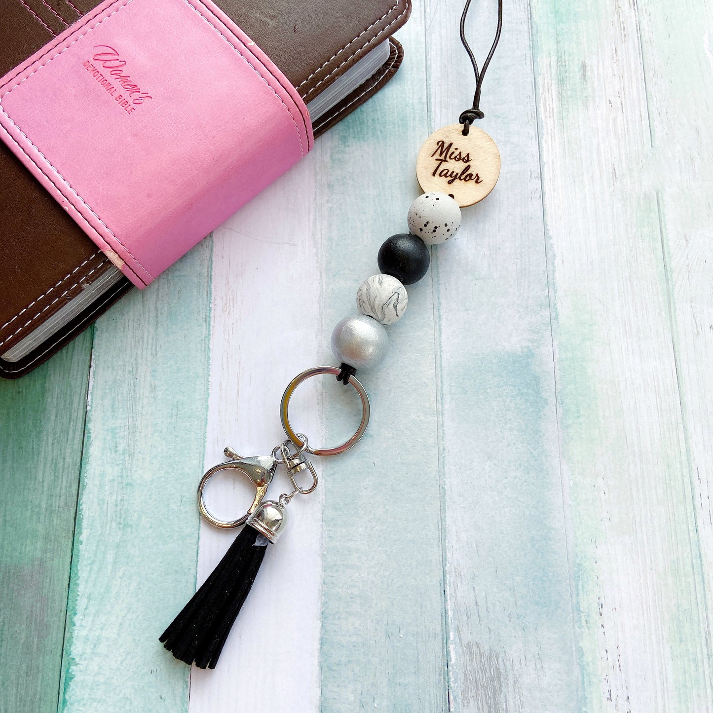 Personalised Polymer Clay and Wood Bead Lanyard with Tassel