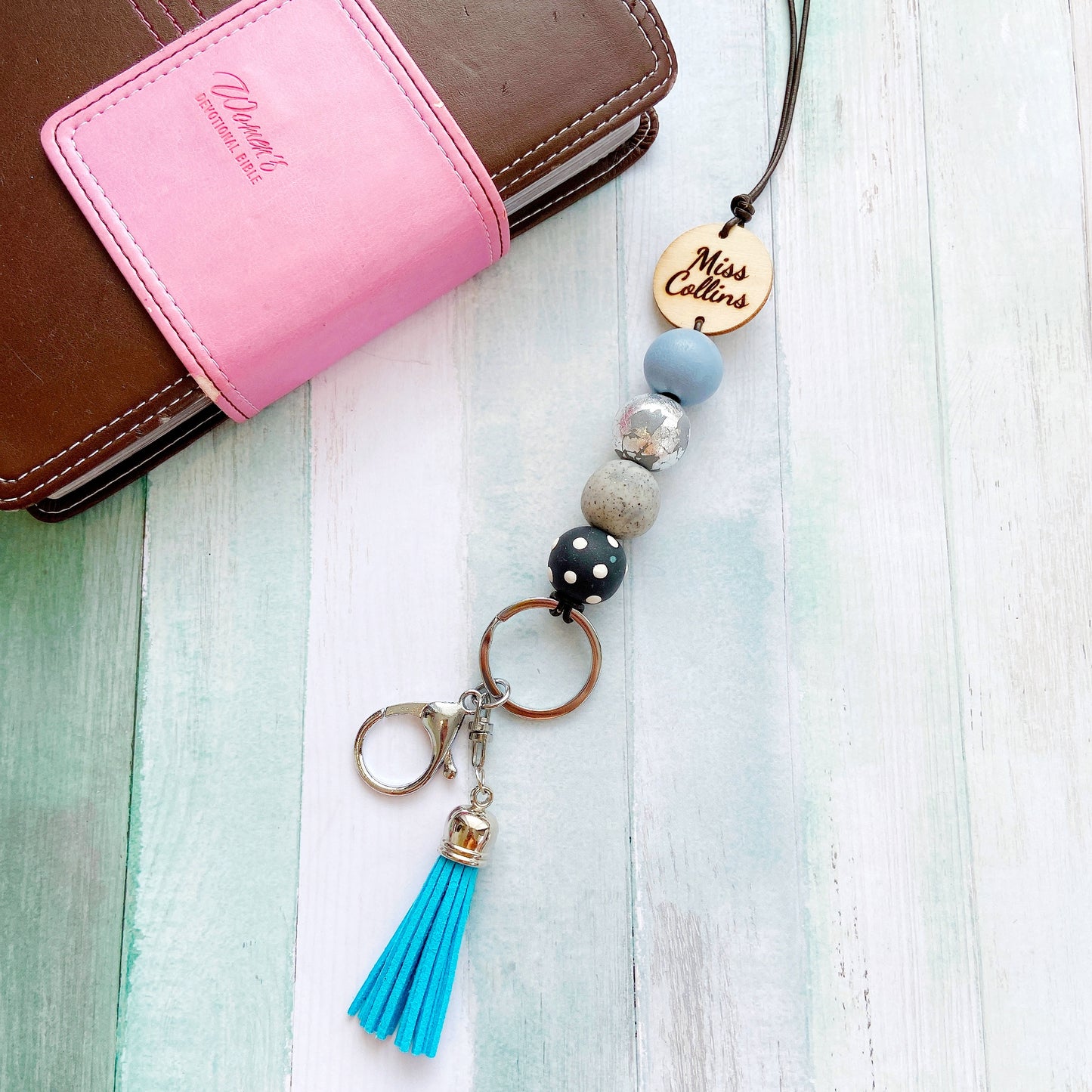 Personalised Polymer Clay and Wood Bead Lanyard with Tassel