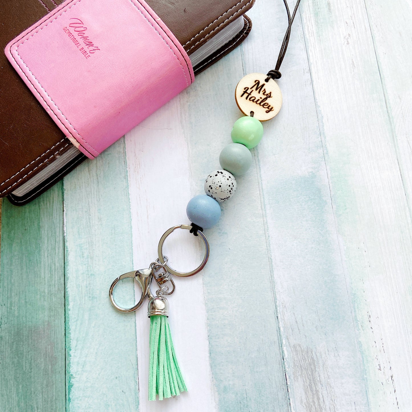 Personalised Polymer Clay and Wood Bead Lanyard with Tassel