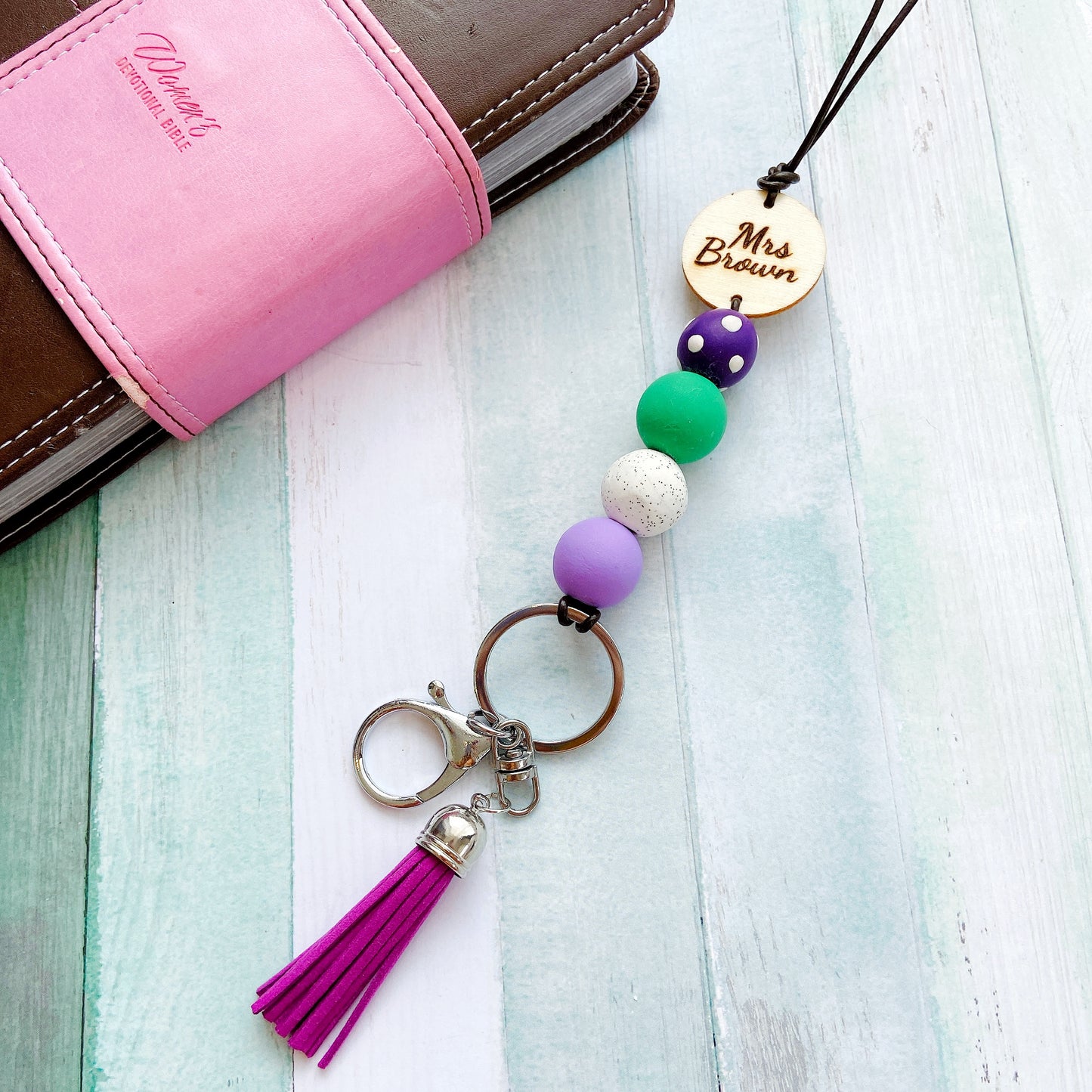 Personalised Polymer Clay and Wood Bead Lanyard with Tassel