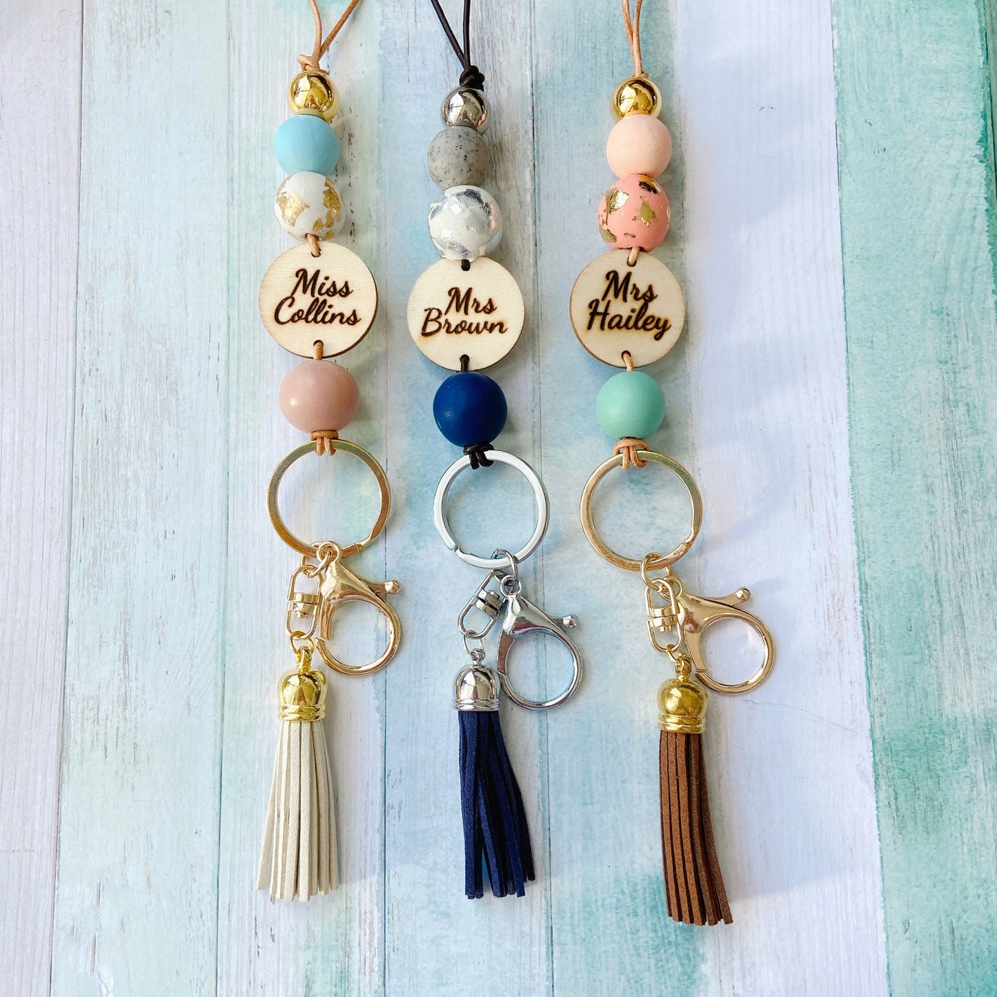 Personalised Earth Tone Polymer Clay and Wood Bead Lanyard with Tassel