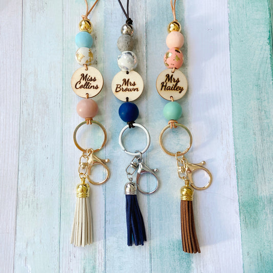 Personalised Earth Tone Polymer Clay and Wood Bead Lanyard with Tassel