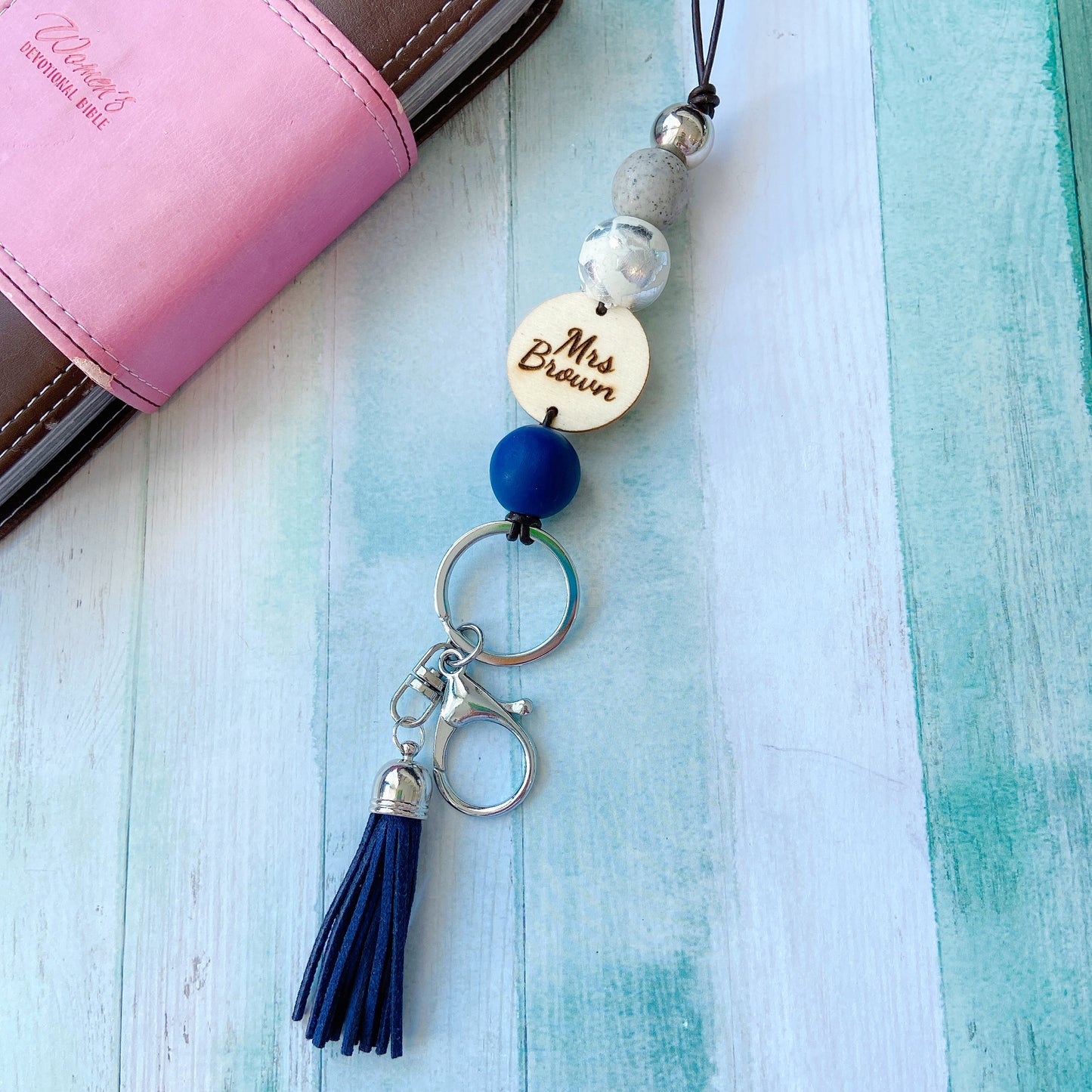 Personalised Earth Tone Polymer Clay and Wood Bead Lanyard with Tassel