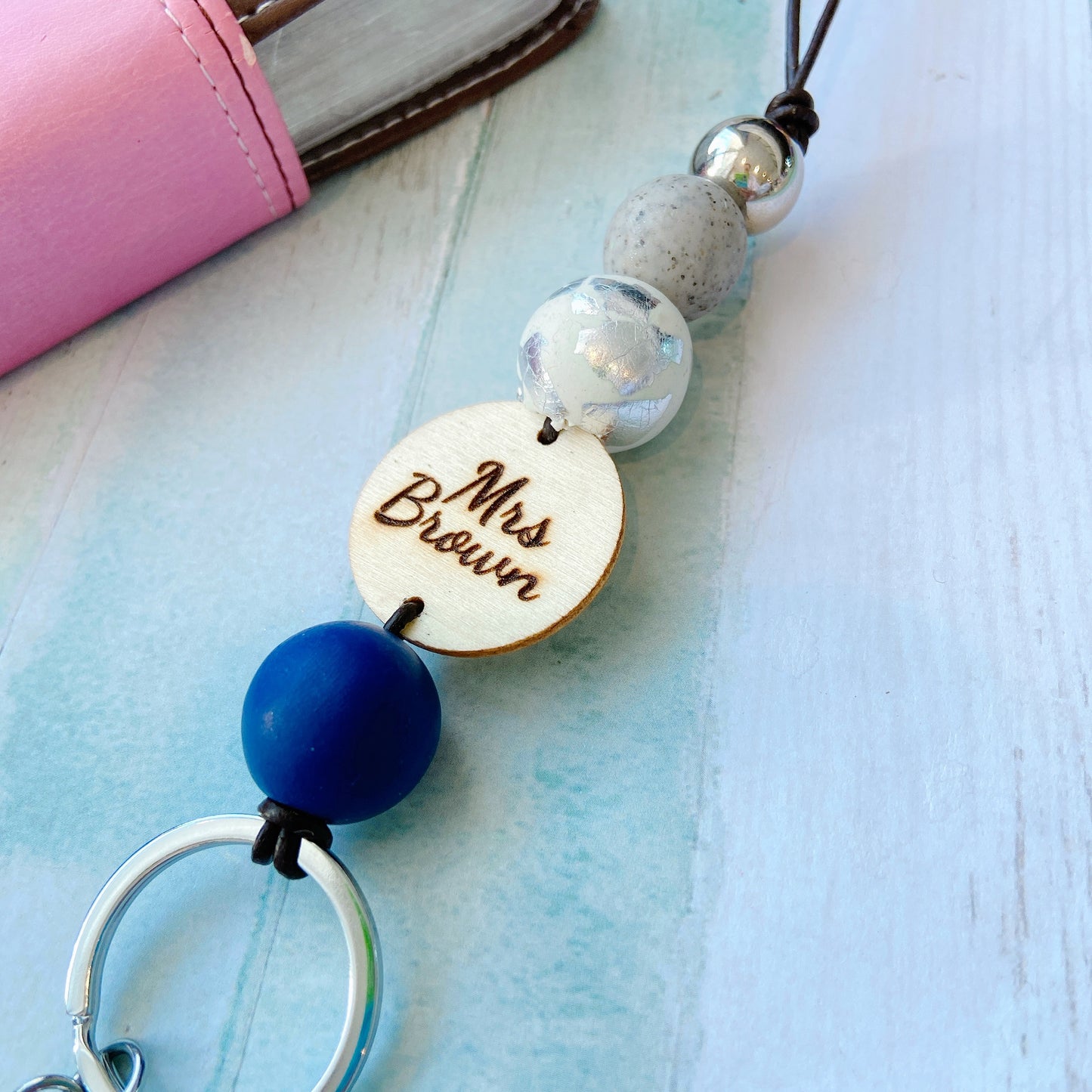 Personalised Earth Tone Polymer Clay and Wood Bead Lanyard with Tassel