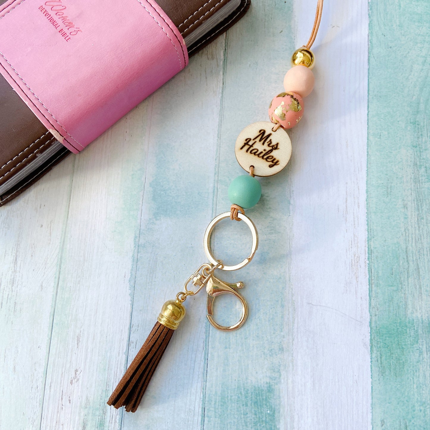 Personalised Earth Tone Polymer Clay and Wood Bead Lanyard with Tassel