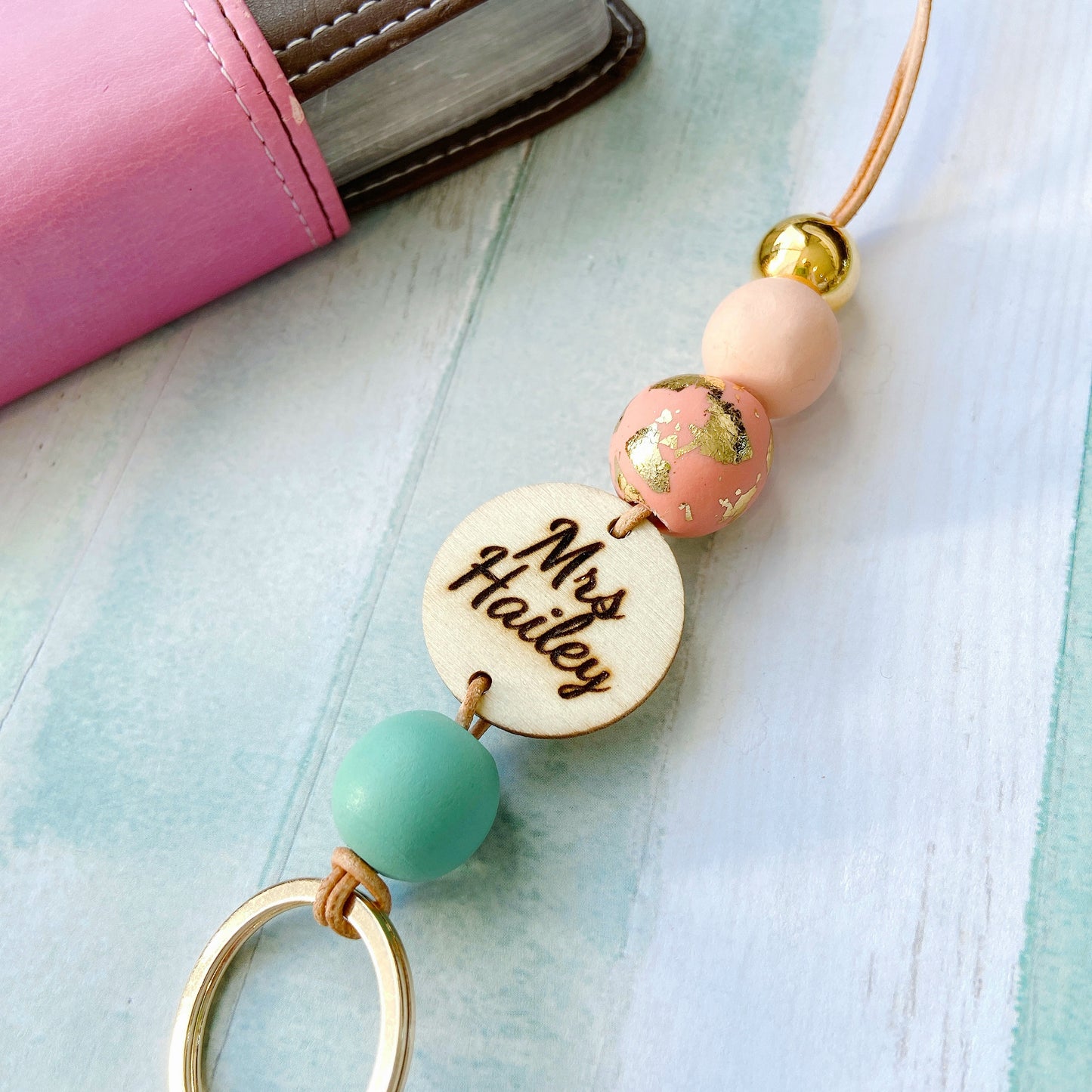 Personalised Earth Tone Polymer Clay and Wood Bead Lanyard with Tassel