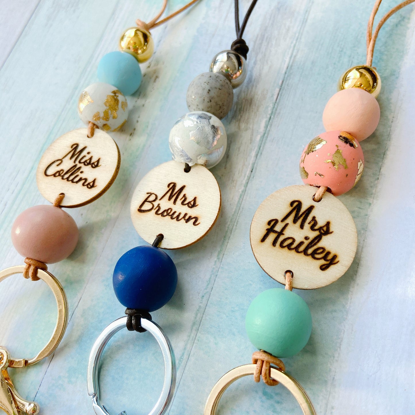 Personalised Earth Tone Polymer Clay and Wood Bead Lanyard with Tassel