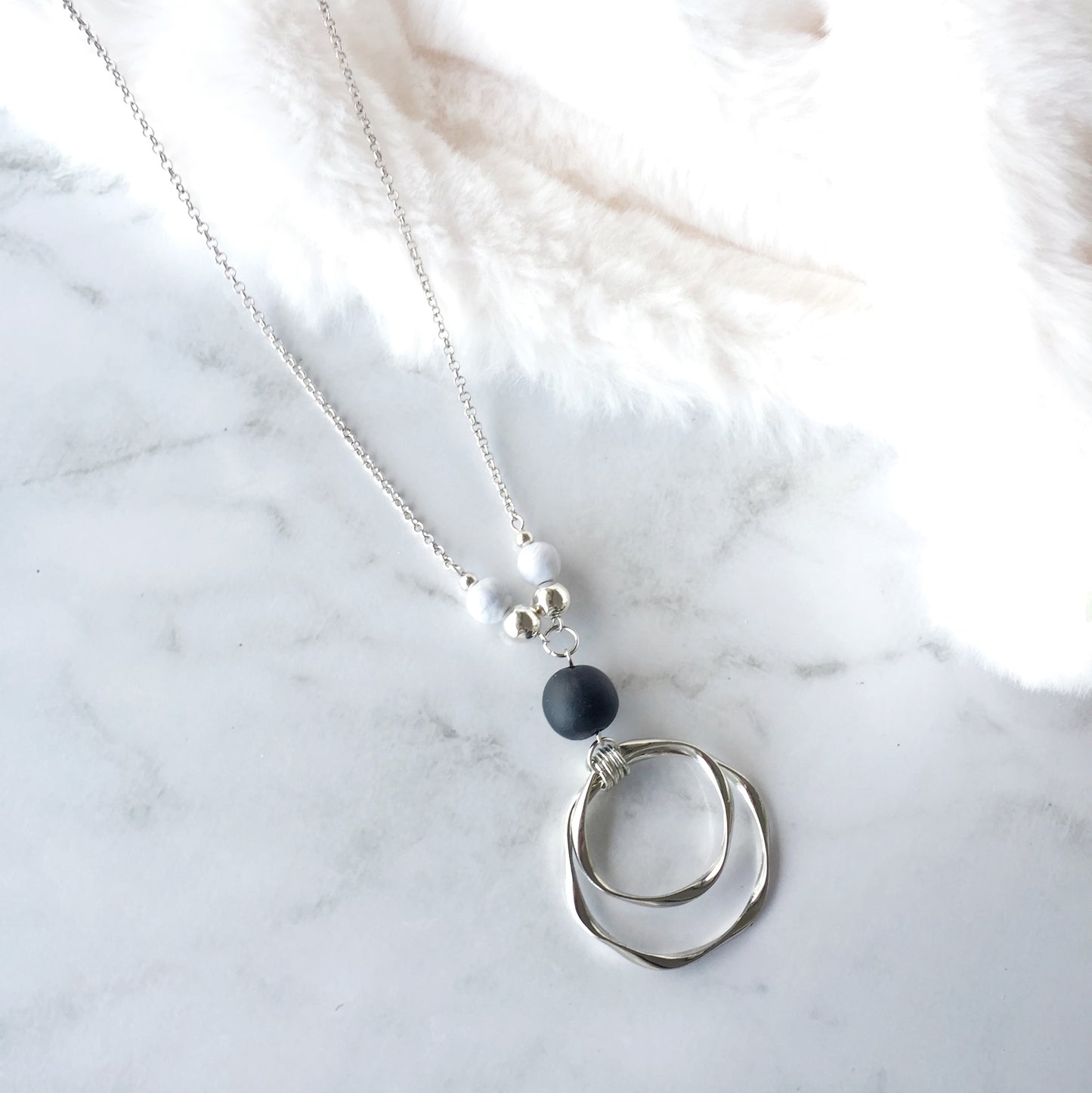 Modern Silver Circle Pendant Necklace | Marble Clay Stone Statement Necklace | Minimalist Handmade Jewellery
