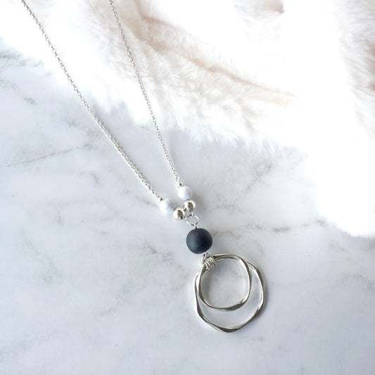 Modern Silver Circle Pendant Necklace | Marble Clay Stone Statement Necklace | Minimalist Handmade Jewellery
