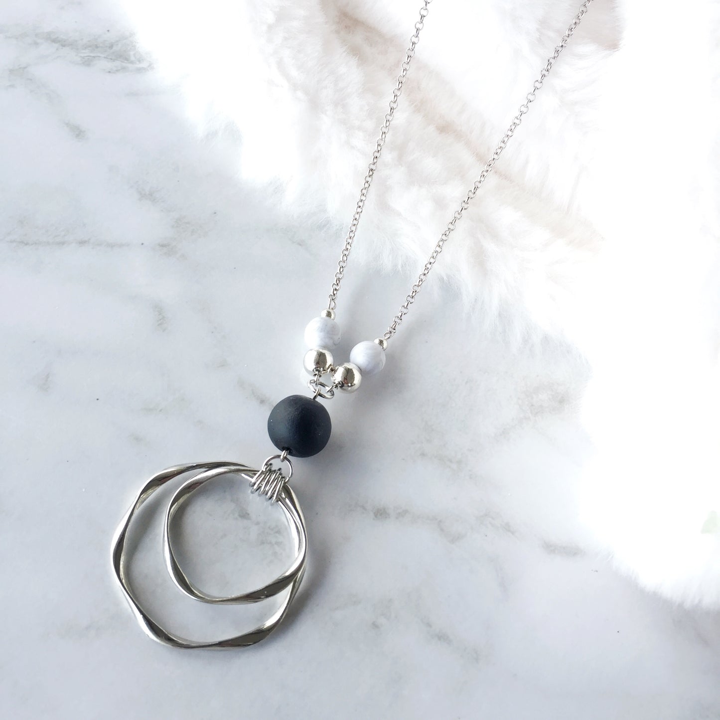 Modern Silver Circle Pendant Necklace | Marble Clay Stone Statement Necklace | Minimalist Handmade Jewellery
