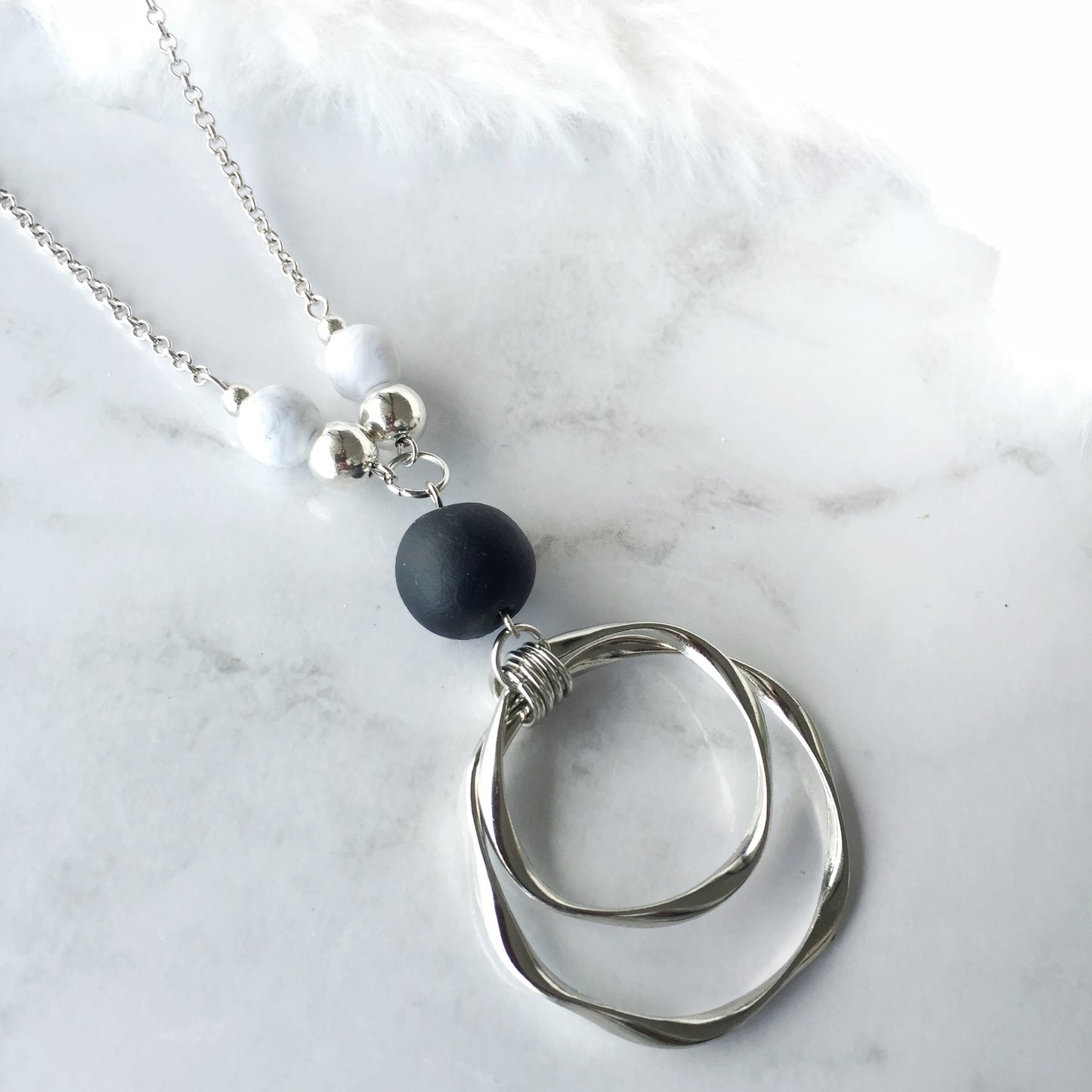 Modern Silver Circle Pendant Necklace | Marble Clay Stone Statement Necklace | Minimalist Handmade Jewellery