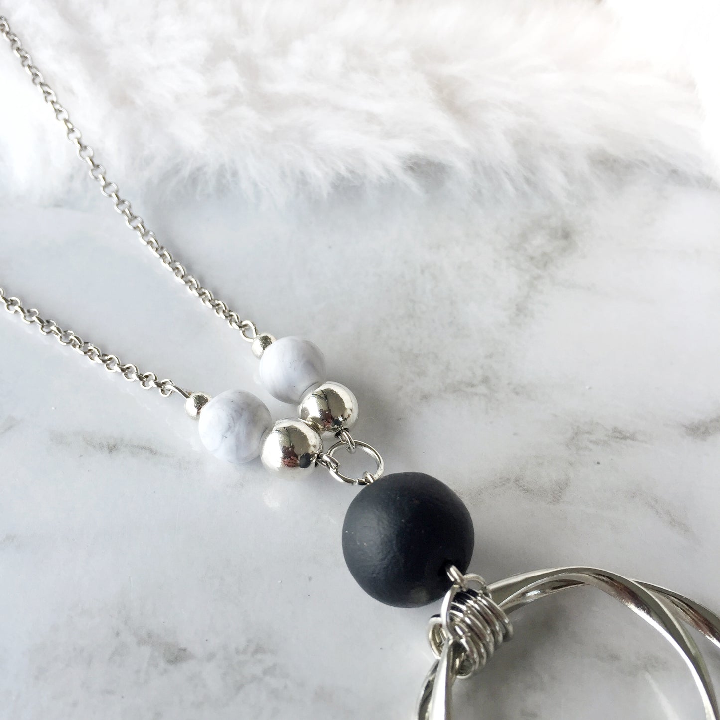 Modern Silver Circle Pendant Necklace | Marble Clay Stone Statement Necklace | Minimalist Handmade Jewellery