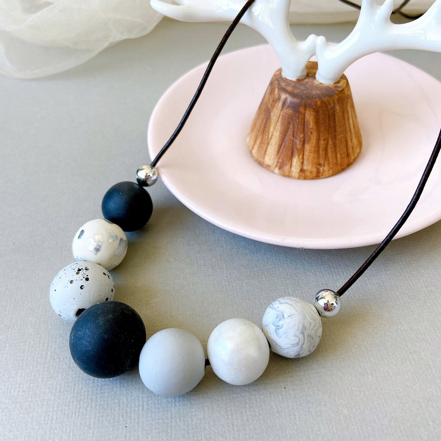 Monochrome Polymer Clay Bead Necklace – Minimalist Statement Jewelry
