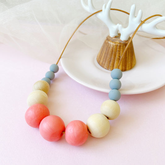 Wood & Polymer Clay Bead Necklace – Handmade Pastel Statement Jewelry