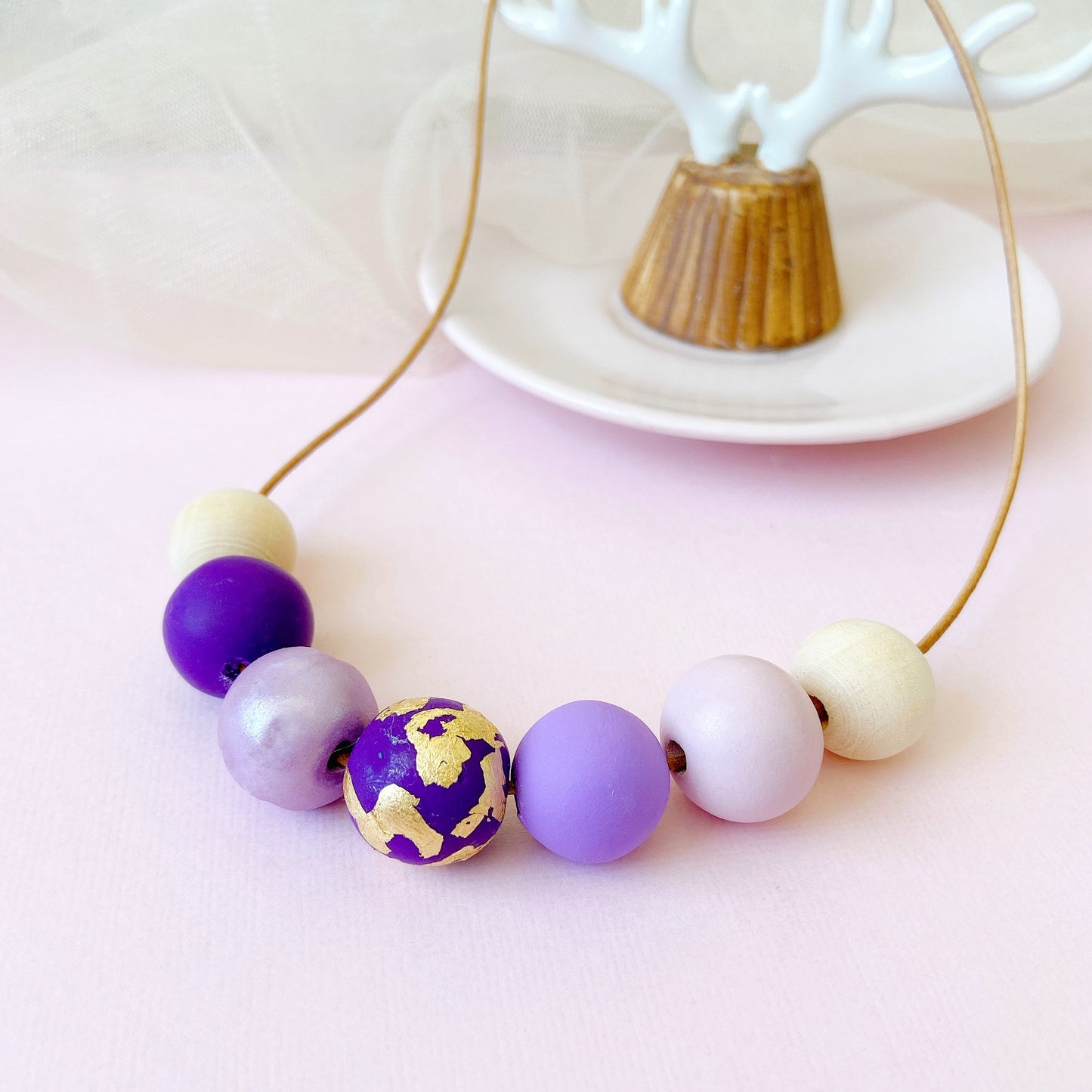Purple & Gold Polymer Clay Necklace – Handmade Statement Bead Jewelry