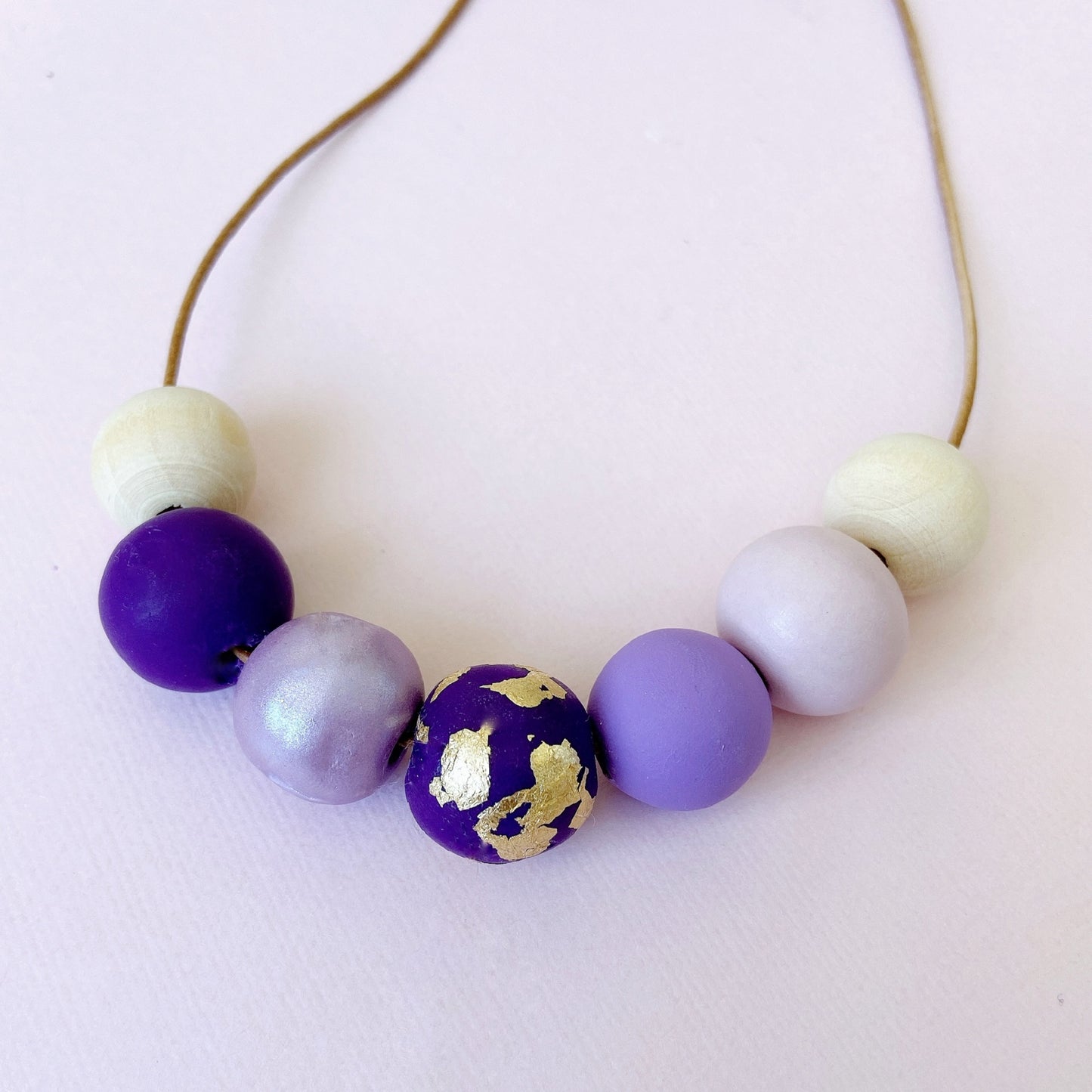 Purple & Gold Polymer Clay Necklace – Handmade Statement Bead Jewelry