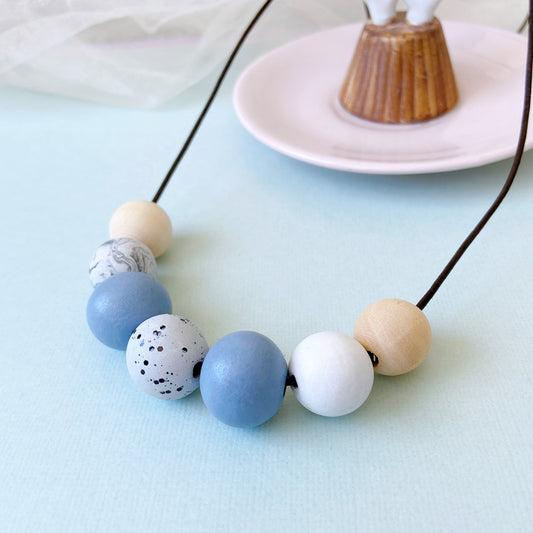 Blue & Marble Polymer Clay and Wood Bead Necklace – Handmade Minimalist Statement Jewelry