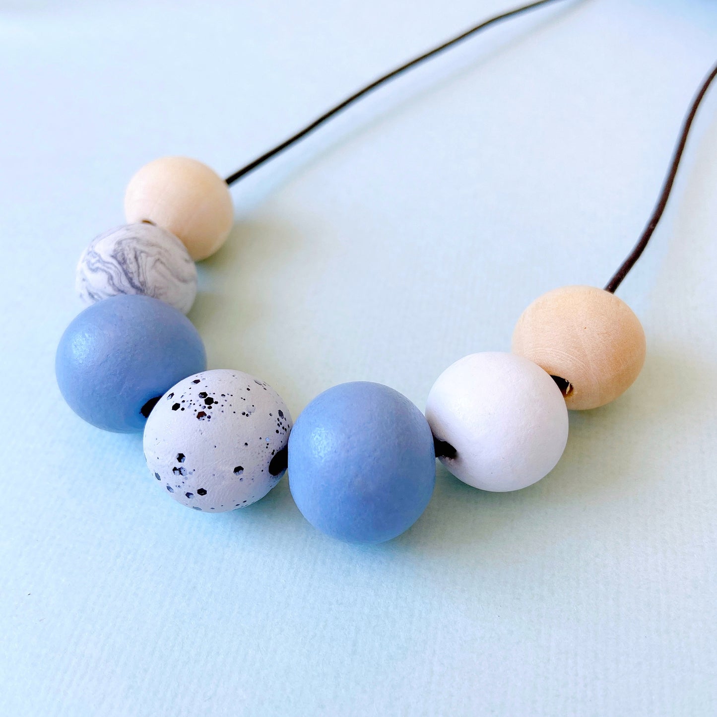 Blue & Marble Polymer Clay and Wood Bead Necklace – Handmade Minimalist Statement Jewelry