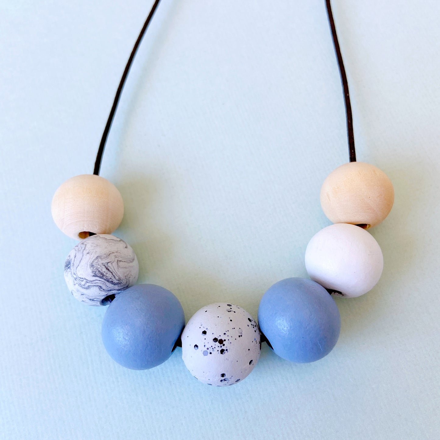 Blue & Marble Polymer Clay and Wood Bead Necklace – Handmade Minimalist Statement Jewelry