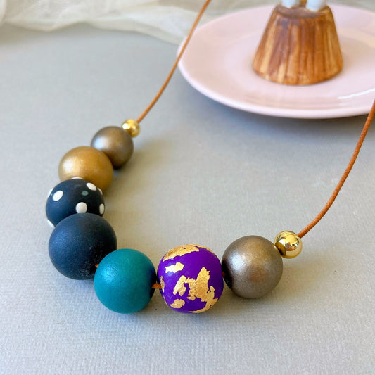 Gold Leaf & Polka Dot Polymer Clay and Wood Bead Necklace – Bold Handmade Statement Jewelry