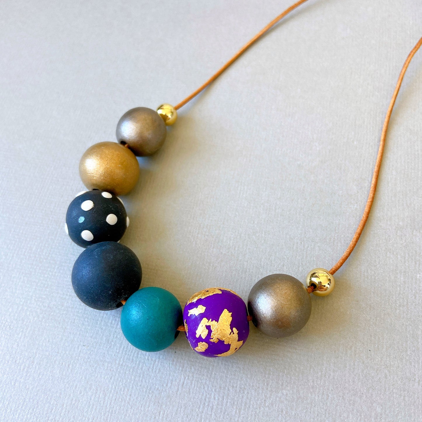 Gold Leaf & Polka Dot Polymer Clay and Wood Bead Necklace – Bold Handmade Statement Jewelry